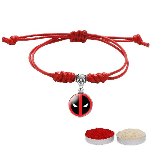 El Regalo 1PC Superhero Kids Rakhi- Fun Kids Bracelet Rakhi with Roli Chawal, Rakhi Message Card in Rakhi Gift Box for Little Bro/Sister/Niece or Nephew (Deadpool Red Rakhi)