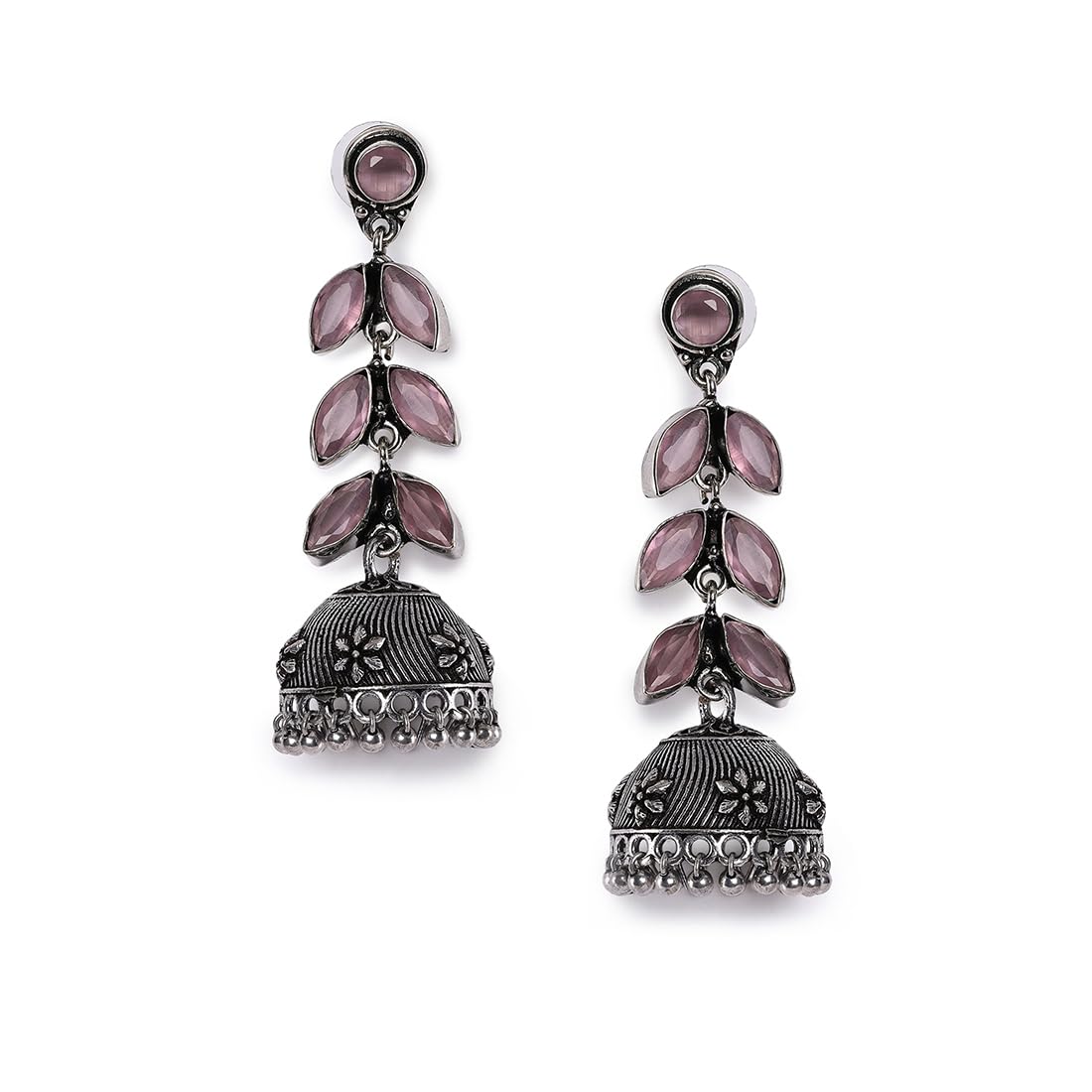 El Regalo Elegant Oxidized Stones Leaves Brass Jhumka Earrings- Silver Lookalike Ethnic Long Jhumki Earrings for Women Girls (Pink)