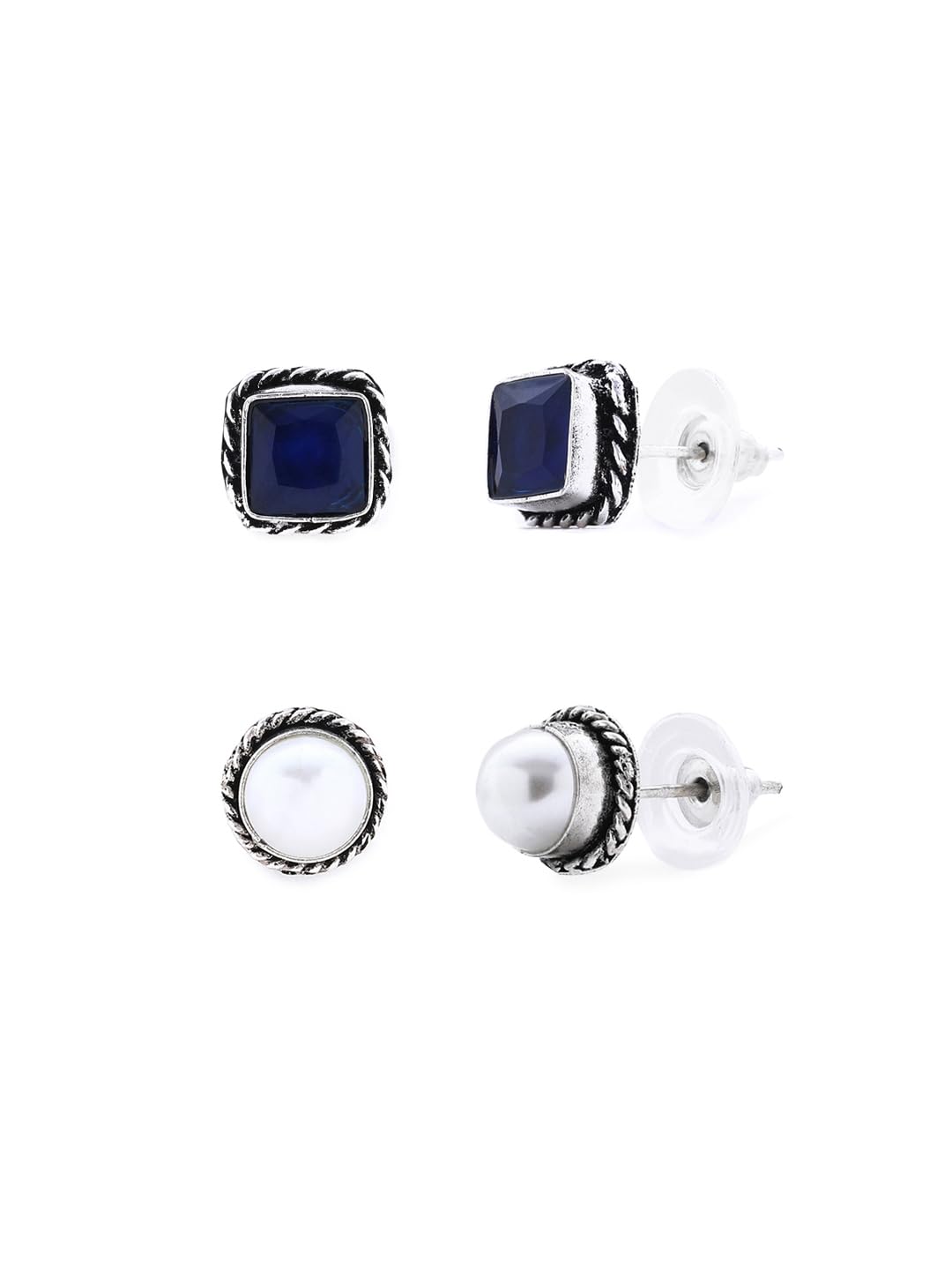 El Regalo 2 Pairs Silver Replica Oxidized Stud Earrings for Girls & Women - Square Monalisa Stone Brass Earrings - Traditional Antique Look Earrings (Option-2)