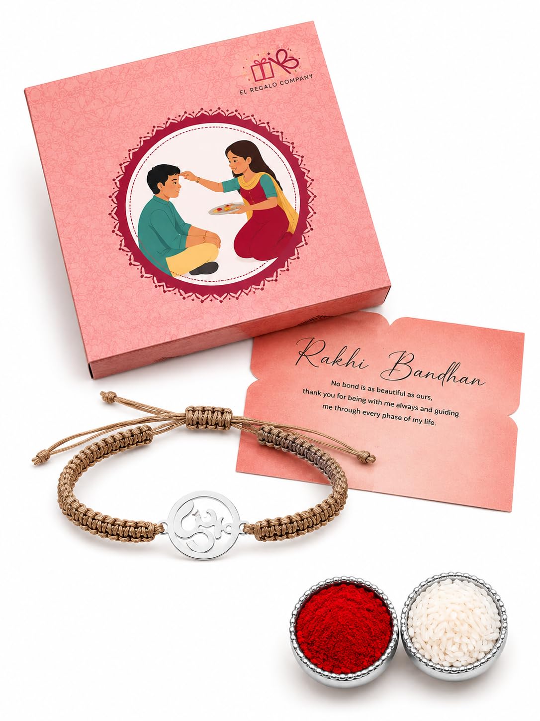 El Regalo Mens 1 PC Stainless Steel OM/Aum Golden Thread Rakhi for Brother - Anti Tarnish/Waterproof Adjustable Rakhi Bracelet for Bhai/Bhatija- Comes with Message Card, Roli-Chawal & Rakhi Box