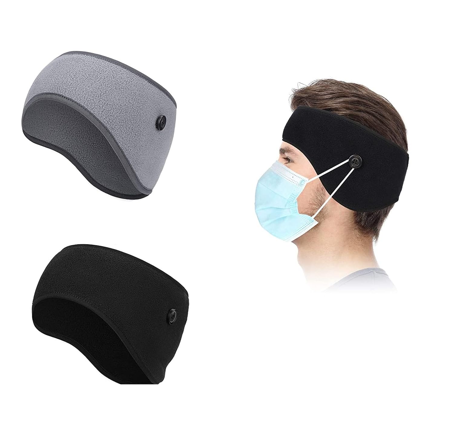 El Regalo Winter Fleece and Polyester Ear Warmers, Headband with Buttons for Facemask for Unisex, Pack of 2 (Grey & Black)