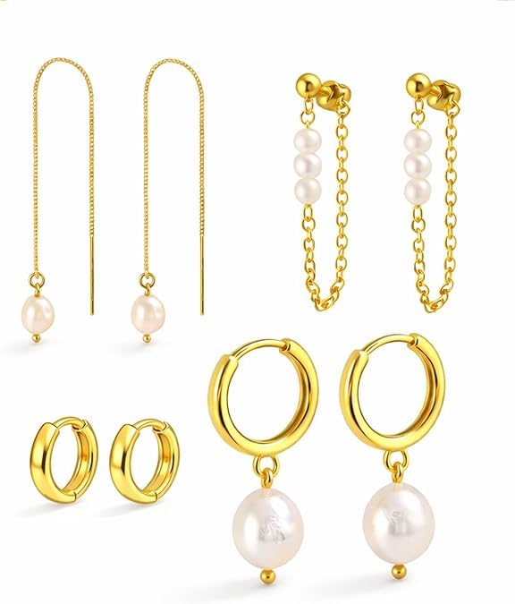 El Regalo 14K Gold Plated Pearl Drop & Huggie Hoop Earrings Combo Set for Women | 4 Pairs Anti-Tarnish Hypoallergenic Earring Stack for Multiple Piercings & Cartilage | Premium Aesthetic Jewellery Gift