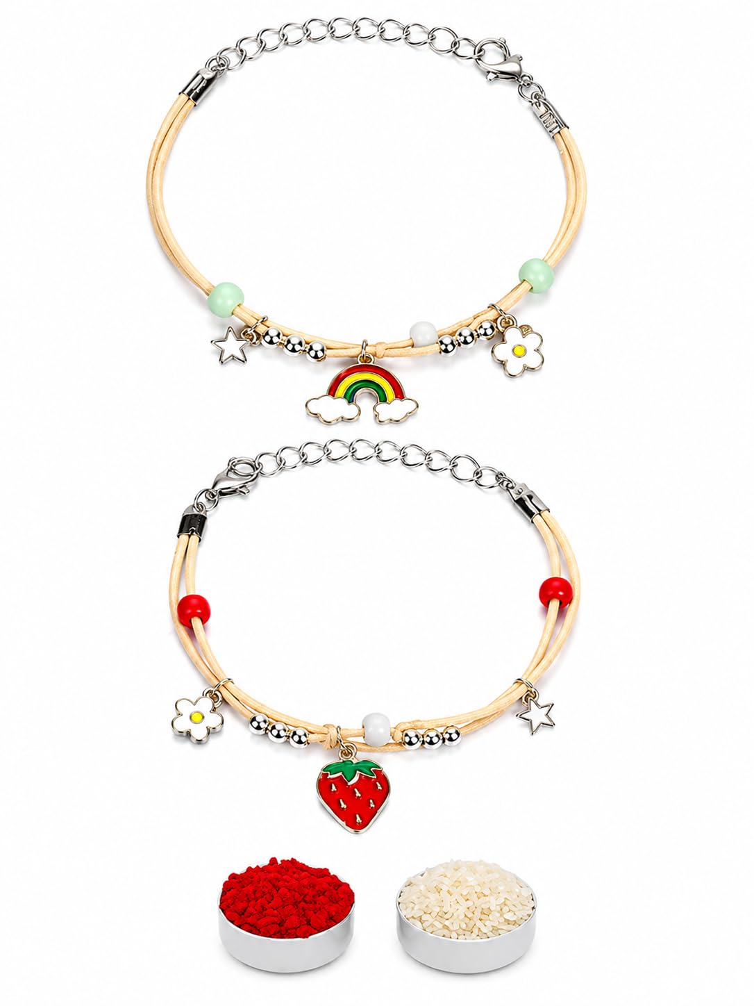 El Regalo 2 PCs Cute Kids Fancy Rakhis Combo Set - Beautiful 2 Kids Rakhis Set with Roli Chawal, Rakhi Message Card in Rakhi Gift Box for Little Brother/Niece/Nephew (Strawberry & Rainbow Rakhis)