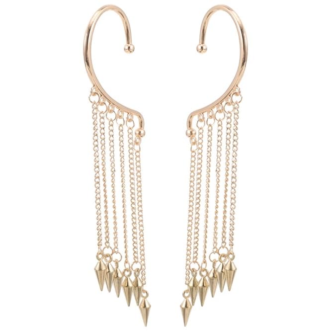 El Regalo Long Tassel Elf Ear Cuff Earrings for Women - Non Piercing Crawler Ear Wrap Bollywood Chandelier Dangle Earrings - Fairy Star & Spike Ear Clips (Spikes Tassel)