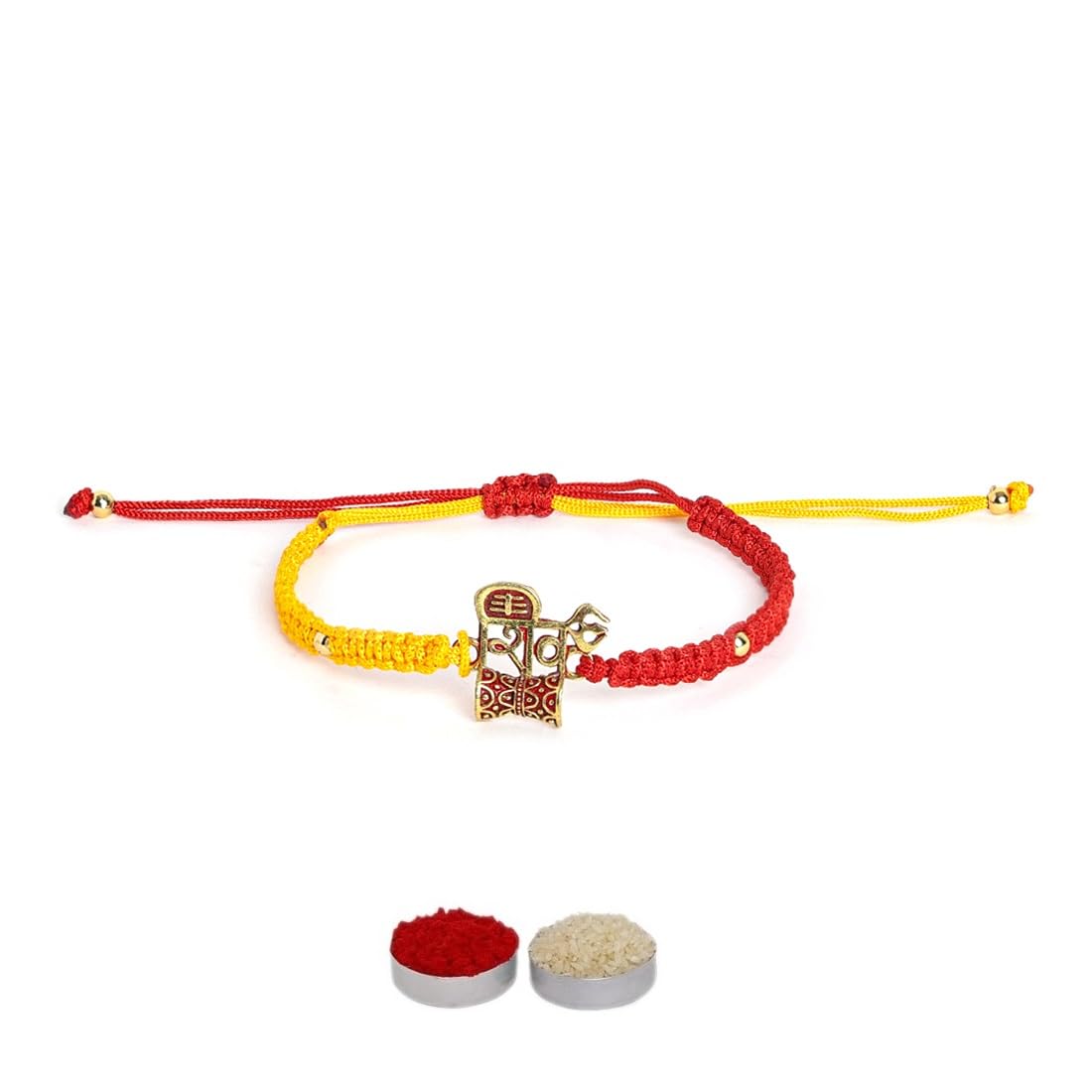 El Regalo 1PC Auspicious Thread Rakhi Brother- Red & Yellow Thread OM, Ganesha, Shree, Trident, Damroo Mauli Rakhi with Roli Chawal Shagun, Message Card in Rakhi Gift Box (Shiv Rakhi)