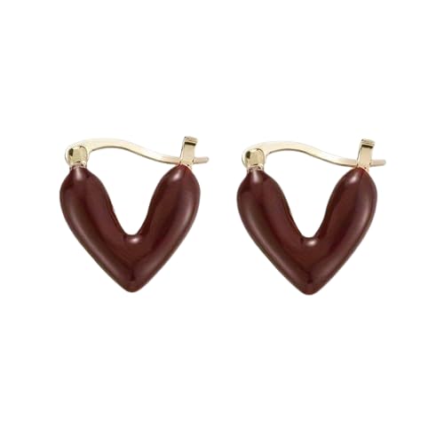 El Regalo 1Pair Love Heart Hoop Earrings- Small Oil Dripping Gold Plated Heart Earrings for Girls & Women Hoop (Dark Red)