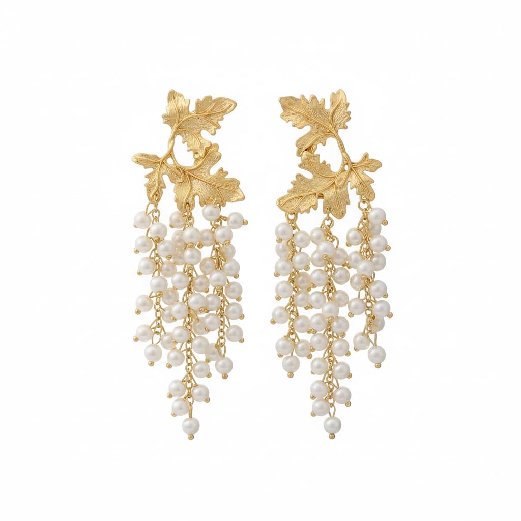 El Regalo Vintage Retro Pearl Tassel Earrings - Exaggerated Pearl Maple Leaf Tassel Earrings for Women & Girls