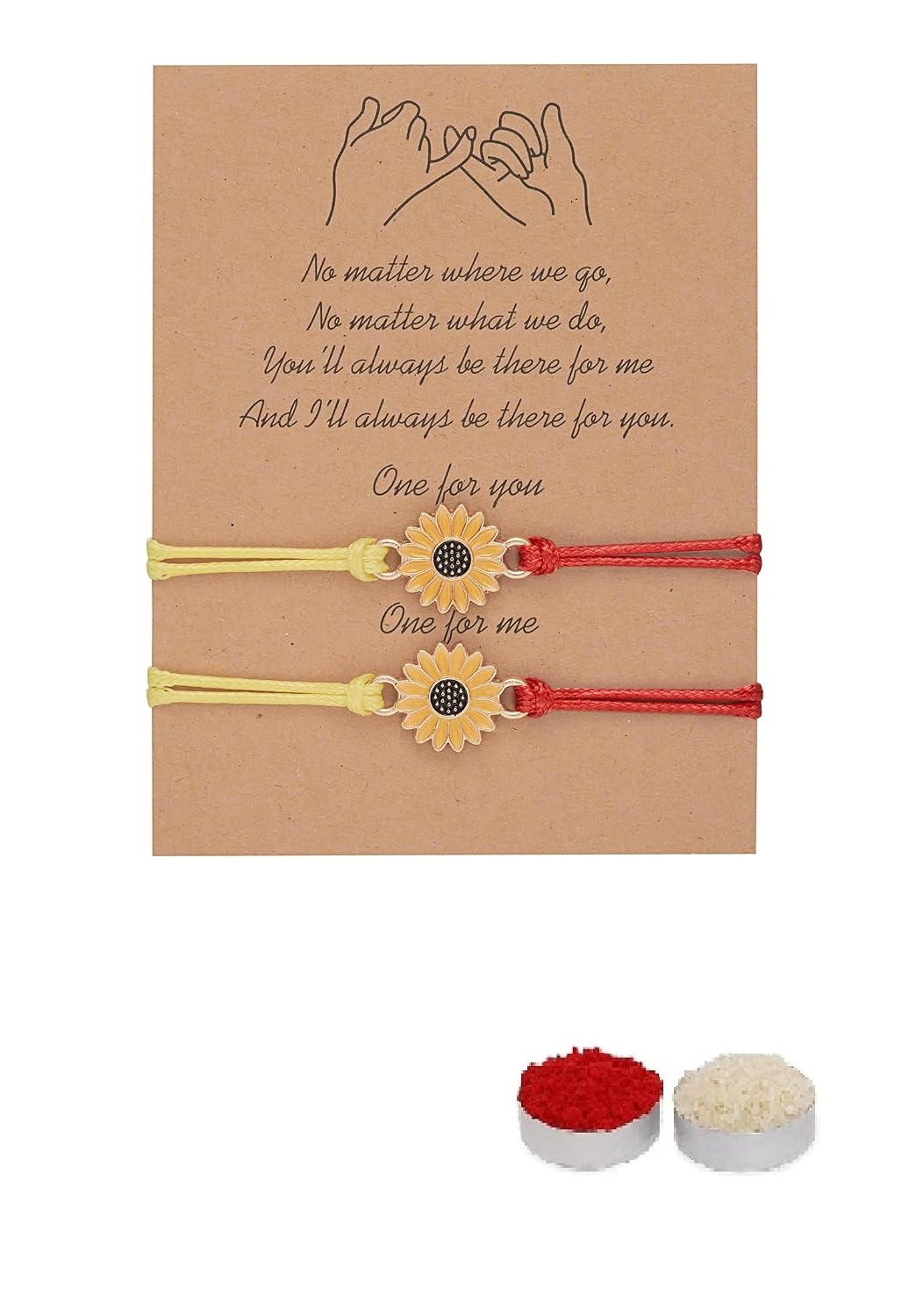 El Regalo 2PCs Minimalist Sunflower Rakhi Set for Bhai/Bhabhi/Niece/Nephew - Designer Pinky Promise Rakhi with Roli-Chawal Shagun Pack, Rakhi Message Card in Rakhi Gift Box (Red & Yellow)
