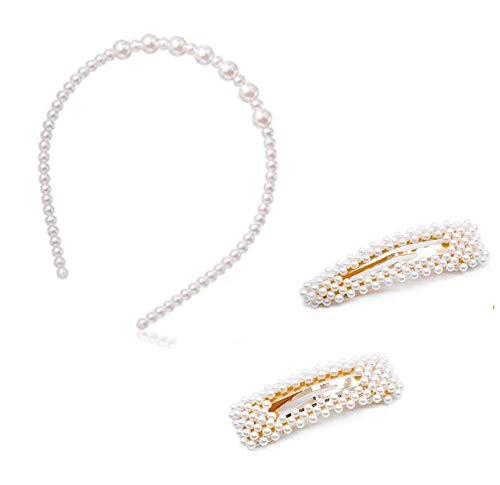 El Regalo 3 PCs Pearl Hairband & Pearl Hair Clips Combo | Decoration Hair Band Headband for Kids, Girls and women | Bridal Fancy Party Wedding Pearls Hairbands & Clips (Pearl Hairclips & Hairband-1)