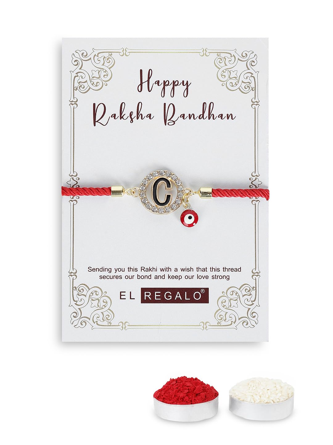 El Regalo Name Initials Evil Eye Bracelet Rakhi for Brother- Name Letter CZ Rakhi with Roli Chawal, Message Card in Rakshabandhan Box for Bhai (Red- C)