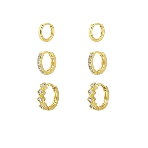 El Regalo 3 Pairs Dainty 14K Gold Plated Huggie Hoop Earrings - Small CZ Hoop Earrings Set for Women & Girls, Cartilage & Tragus Earrings (Style-2)