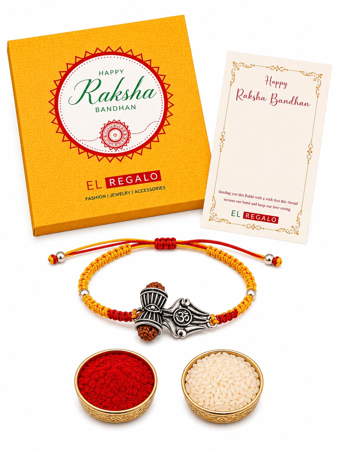 El Regalo 1PC Rudraksha Trident Rakhi for Brother with Roli Chawal, Message Card in Gift Box- OM, Trishul, Damru Rudraksha Rakhi for Bhai/Brother (OM)