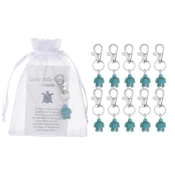 El Regalo 10PCs Lucky Little Turtle Keychain Set with White Organza Bag & Greeting Card - Good Luck Cute Mini Sea Turtle Inspirational Gift for Family, Friends, Coworkers