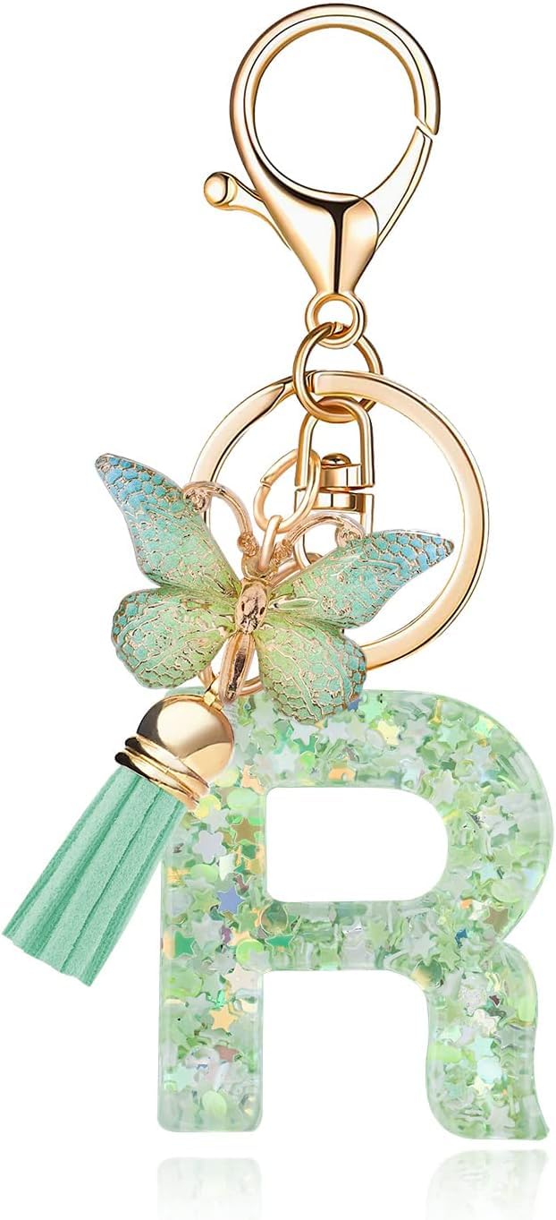 El Regalo Personalized Name Initials Butterfly Charm Keychain - Name Letters Keyring with Green Butterfly & Stars Filled Resin & Tassel Pendant, Purse, Bag, Backpack Accessory (Letter R)