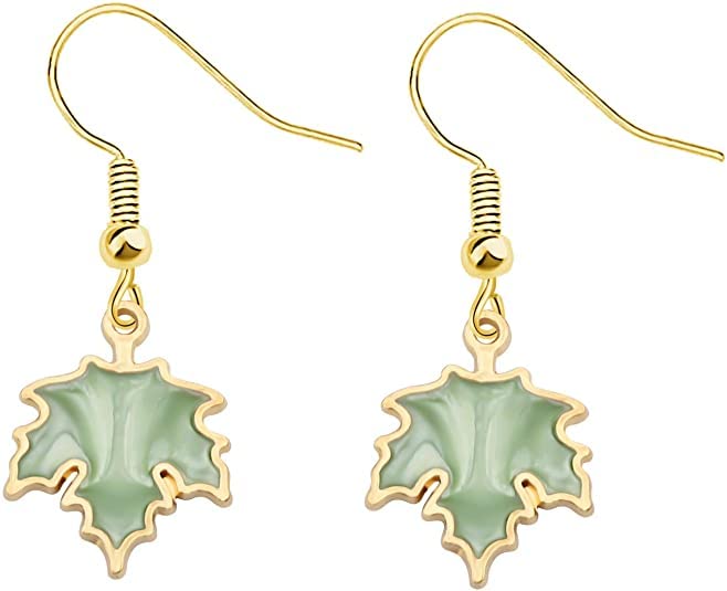 El Regalo 1 Pair Enamel Fall Maple Leaves Hypoallergenic Drop Earrings for Girls/Teens/Women (Silky Green Maple Leaves)