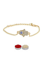 El Regalo 1PC Hamsa Hand CZ Evil Eye Chain Rakhi for Brothers | Lucky Evil Eye Rakhis with Roli Chanwal, Rakhi Message card in Rakhi Gift Box for Bhai/Bhabhi/Niece or Nephew (Golden Hamsa Hand)