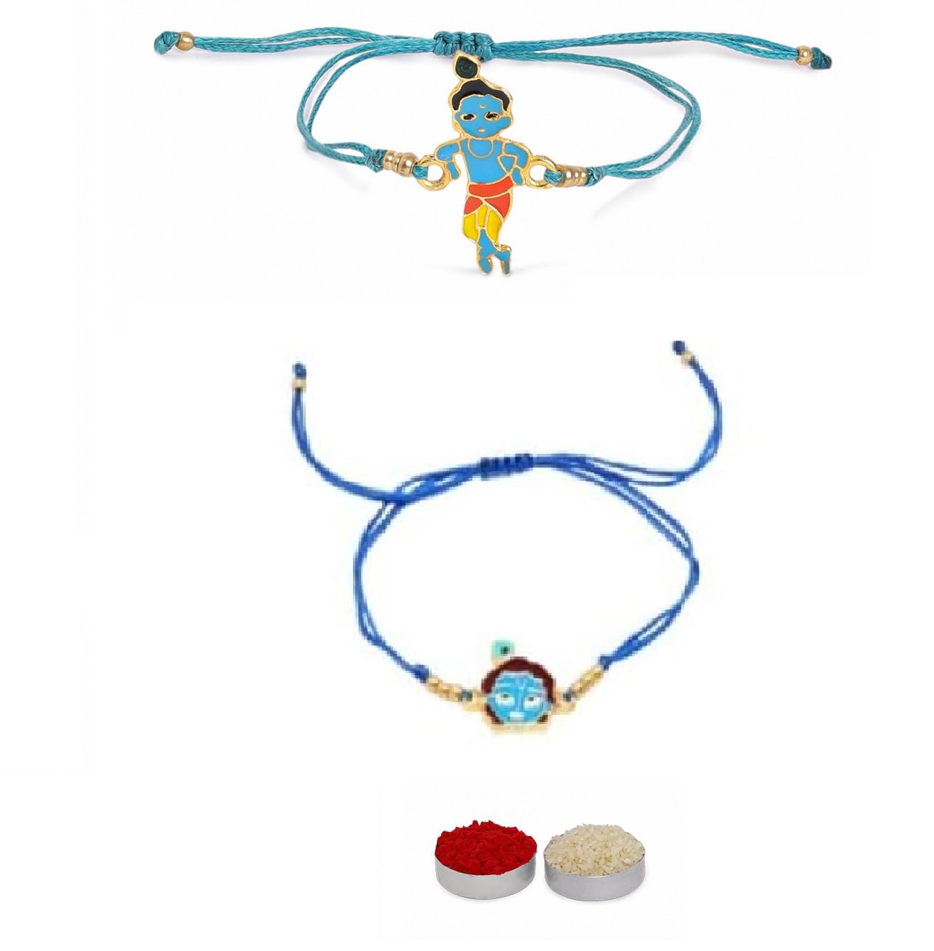 El Regalo 2 PCs Kids Rakhis Combo Set - Cute 2 Kids Rakhis Set with Roli- Chanwal, Rakhi Message Card in Rakhi Gift Box for Little Brother/Niece/Nephew (2 Krishna Rakhis) Multicolour