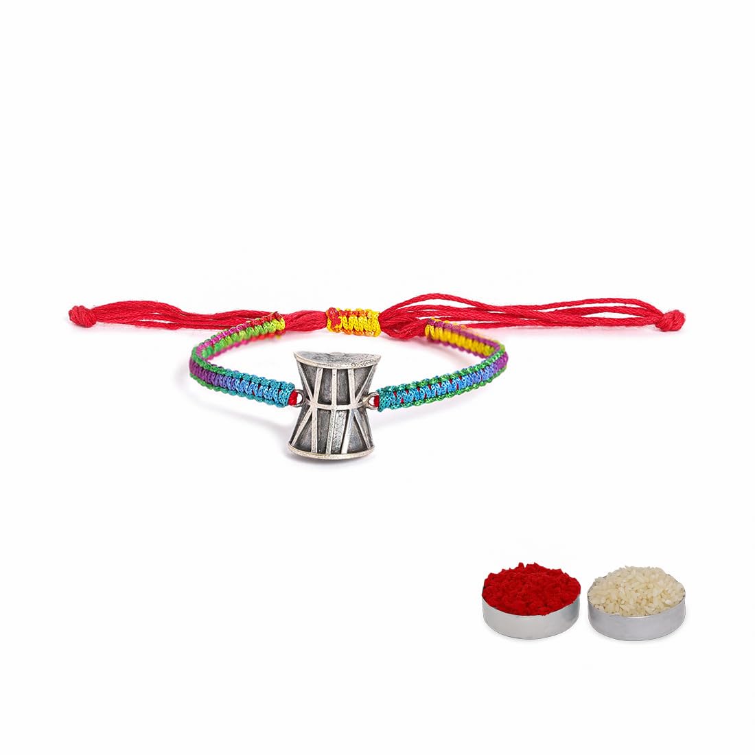 El Regalo Auspicious Shiva Damroo Mauli Thread Rakhi for Brother- Antique Damru Rakhi with Roli Chawal Shagun, Message Card in Rakshabandhan Gift Box (Multi Blue)