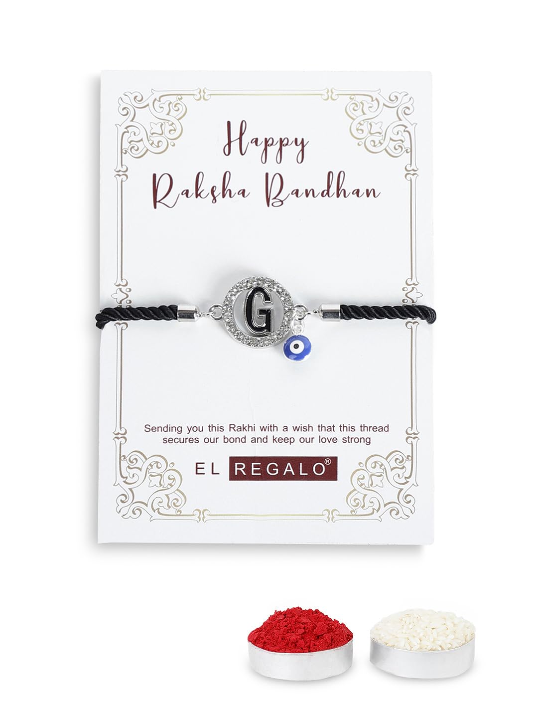 El Regalo Name Initials Evil Eye Bracelet Rakhi for Brother- Name Letter CZ Rakhi with Roli Chawal, Message Card in Rakshabandhan Box for Bhai (Black-G)