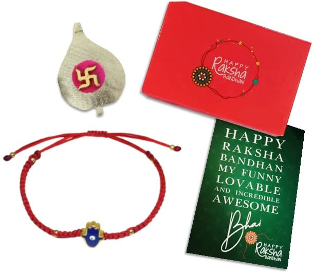 El Regalo Evil Eye Hamsa Hand Rakhi with shagun, Rakhi Message Card in a Rakhi Box for Brother- Enameled Hamsa Hand Rakhi for Brother/Bhai/Bhabhi/Bhaiya/Bhatija/Nephew