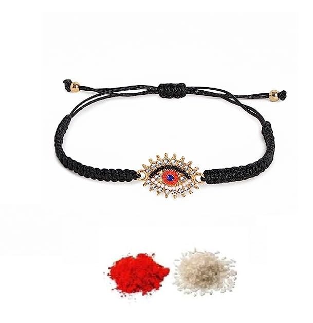 El Regalo 1PC Evil Eye Rakhi for Bhai/Bhabhi/Bhai/Bhatija/Bhatiji- Fancy Evil Eye Rakhi with Roli Chanwal, Rakhi Card in Rakhi Gift Box (Option-4)