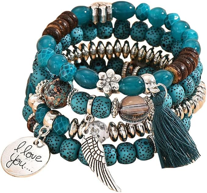 El Regalo 4Pcs/Set Vintage Bohemia Style Wing Beads Tassel Unisex Bracelet - Stackable Multi-layer Modern Charm Bracelets with Wings and I Love You Charms Bracelets (Blue)