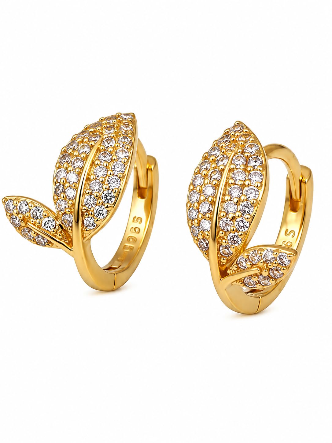 El Regalo Dainty CZ Crystal Leaf Huggie Hoop Earrings for Women & Girls - Cute & Sparkling American Diamond Marquise Leaf Bali Earrings (Gold)