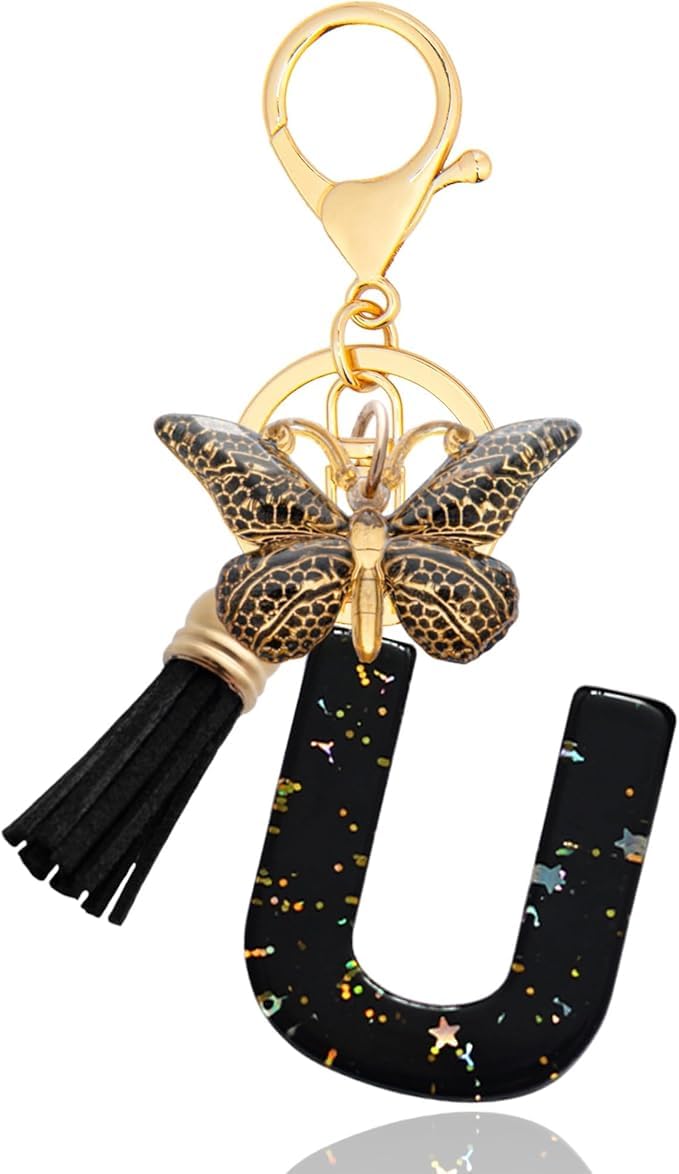 El Regalo Personalized Name Initials Butterfly Charm Keychain - Name Letter Keyring with Black & Golden Tassel & Butterfly Pendant, Purse, Bag, Backpack Accessory (U Letter)