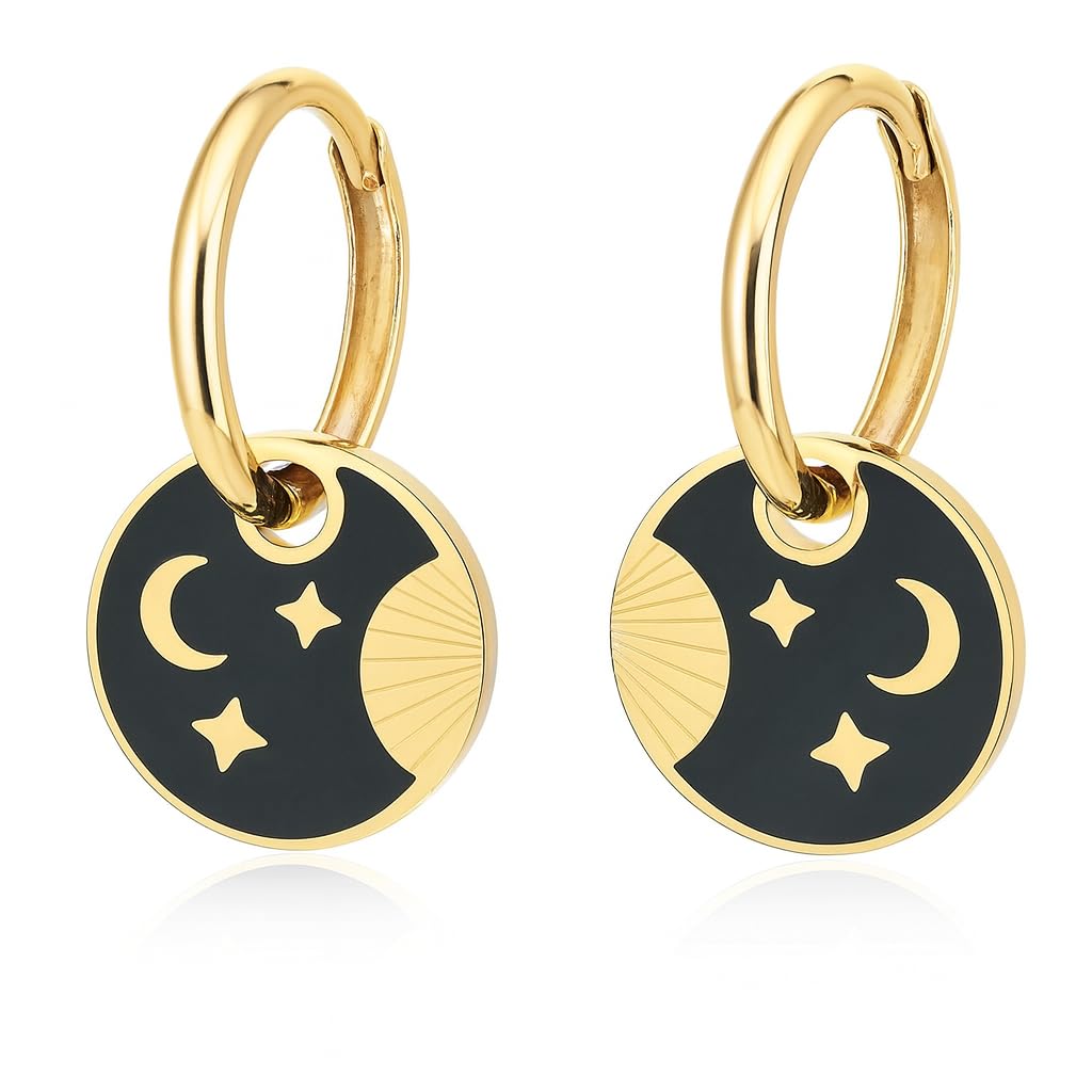 El Regalo Cute Stainless Steel Huggie Hoop Earrings for Girls & Women- Anti-Tarnish, Waterproof Daisy Floral/Moon-Stars Hoops (Moon Stars Hoops)
