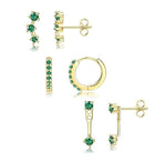 El Regalo 3 Pairs CZ Earrings Set - 14K Gold Plated Dainty Stud & Huggie Small Hoops for Women | Cartilage Earrings for Multiple Piercing | Trendy Stacking Jewellery (Green)