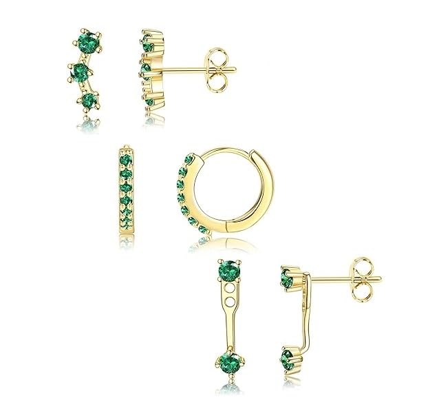 El Regalo 3 Pairs CZ Earrings Set - 14K Gold Plated Dainty Stud & Huggie Small Hoops for Women | Cartilage Earrings for Multiple Piercing | Trendy Stacking Jewellery (Green)