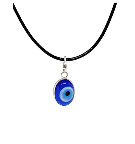 El Regalo Unisex Oval Evil Eye Pendant Necklace for Girls/Boys/Men & Women- Handmade Glass Lamp work Nazar Evil Eye Pendant Necklaces (Oval Silver Evil Eye Necklace Cord)