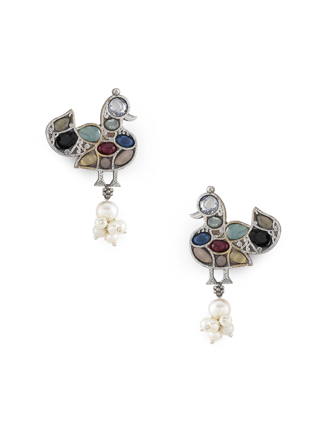 El Regalo Women's & Girl's Victorian Style Multi-Colored Stones Peacock Pearls Stud Earrings - Oxidized "Feathered Fantasia" Silver-Toned Birds with Multicolored Stones & Dangling Pearls