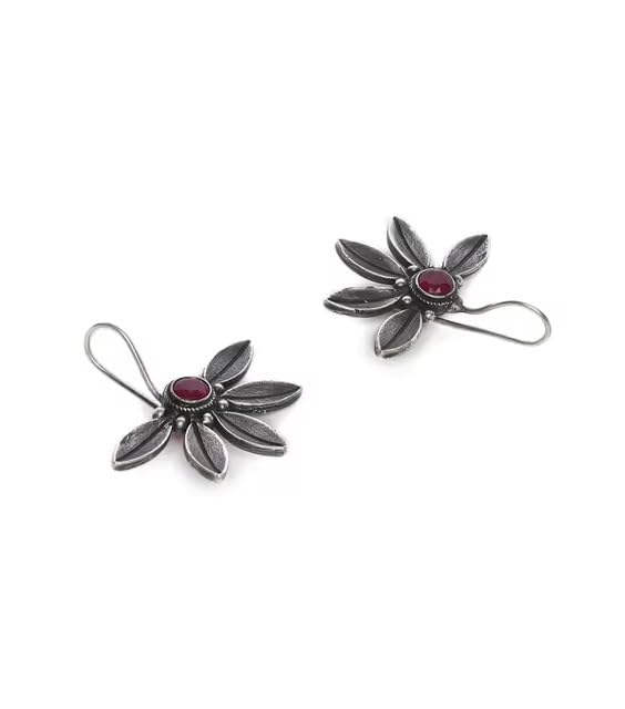 El Regalo Silver toned Oxidized Hook Earrings for Girls & Women- Red Stones Handcrafted Ethnic Tribal Boho Traditional Earrings