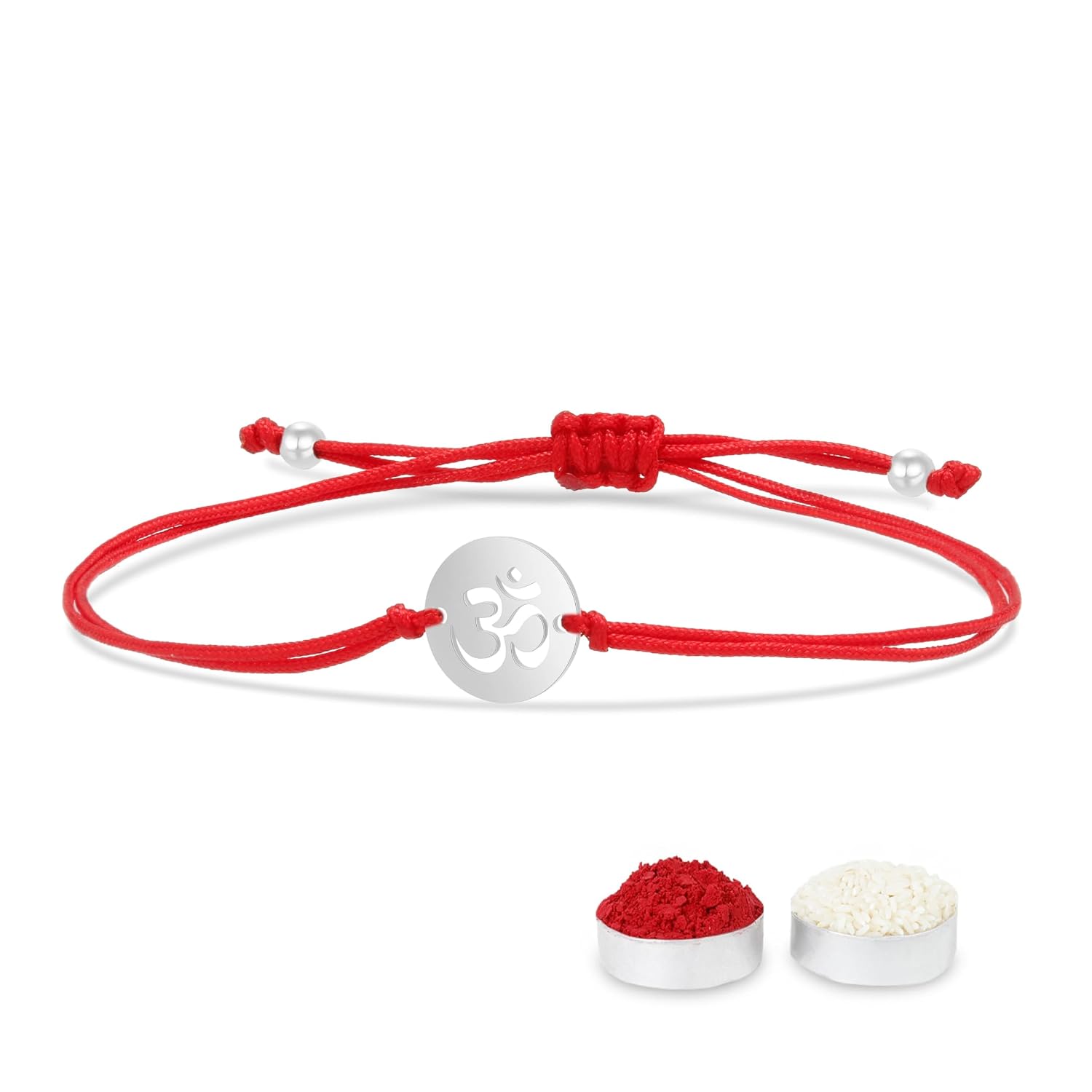 El Regalo OM Red Rakhi for Brother- Silver & Gold Plated Stainless Steel OM Bracelet Rakhi for Bhai with Roli Chawal in Rakshabandhan Box- Adjustable for Babies to Adults (Silver)
