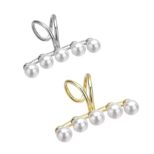 El Regalo 2PCs Tiny Pearl Cuff Cartilage Non-Pierced Clip On Earrings for Girls & Women- Vintage Pearl Clip Earrings (1 Silver+ 1 Golden)