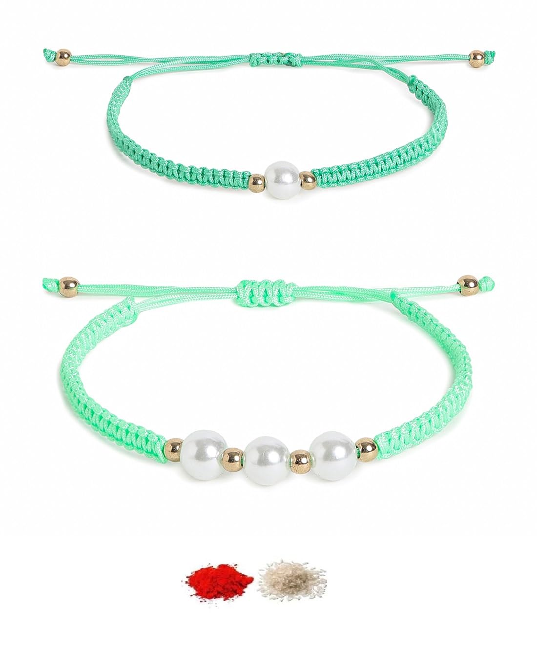 El Regalo 2PCs Pearls Rakhi Combo Set for Bhaiya-Bhabhi/Bhai- Bhatija/Bhatiji- Rakhi Gift Combo with 2 Pearls Rakhi, Roli-Chawal Shagun Pack, Message Card in Gift Box (Neon Green)