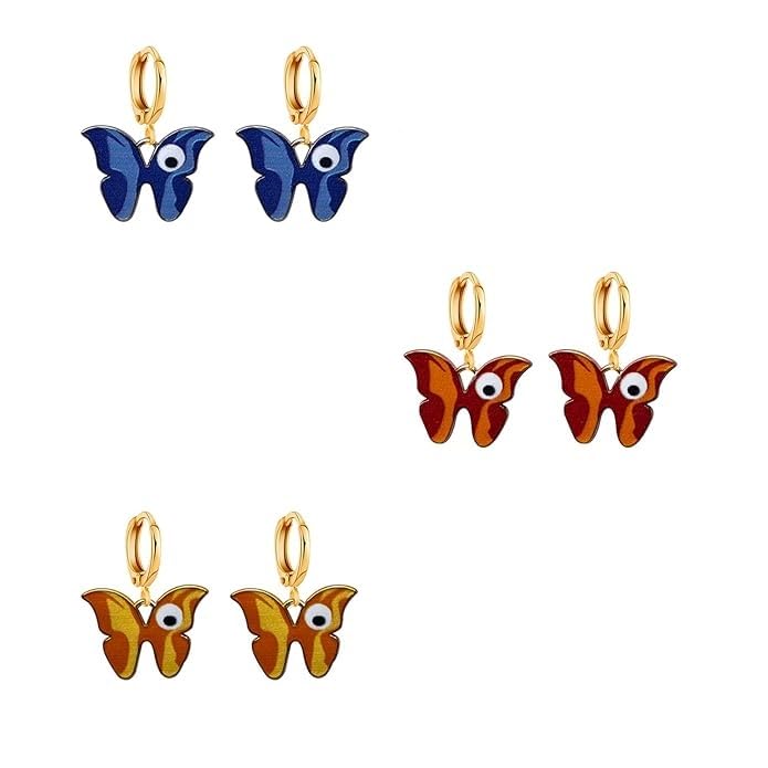 El Regalo 3 Pairs Fancy, Cute Butterfly Earrings for Girls & Women - Fashion Enamalled/Butterfly CZ Hypoallergenic & Nickel Free Earrings for Kids, Teen Girls & Women (Evil Eye Butterfly Earrings)