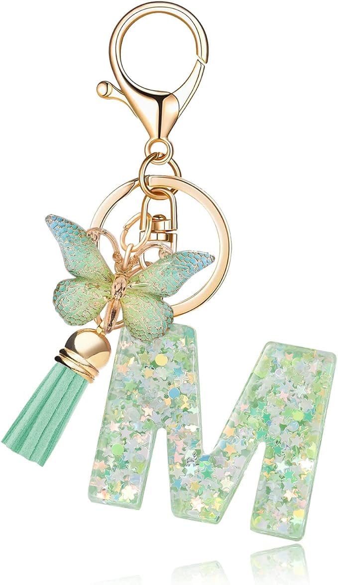 El Regalo Personalized Name Initials Butterfly Charm Keychain - Name Letters Keyring with Green Butterfly & Stars Filled Resin & Tassel Pendant, Purse, Bag, Backpack Accessory (Letter M)