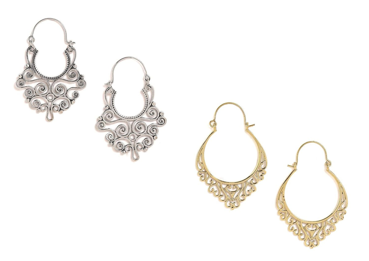 El Regalo 2 Pairs Bohemian Carved Filigree Hoop Earrings Combo for Girls & Women (Option-1)
