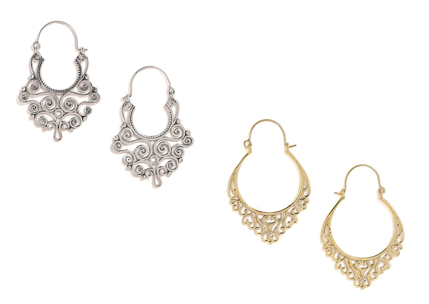 El Regalo 2 Pairs Bohemian Carved Filigree Hoop Earrings Combo for Girls & Women (Option-1)