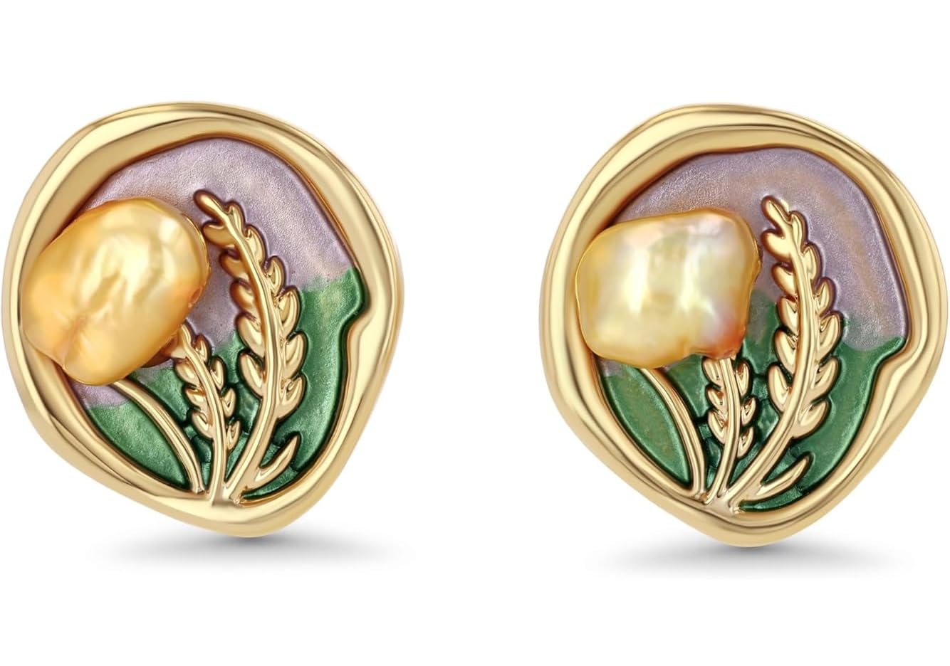 El Regalo 3D Enameled Irregular Pearl Stud Earrings for Women & Girls - Vintage Boho Artistic Gold Plated Floral Earrings, Unique Handmade Baroque Pearl Ear Studs