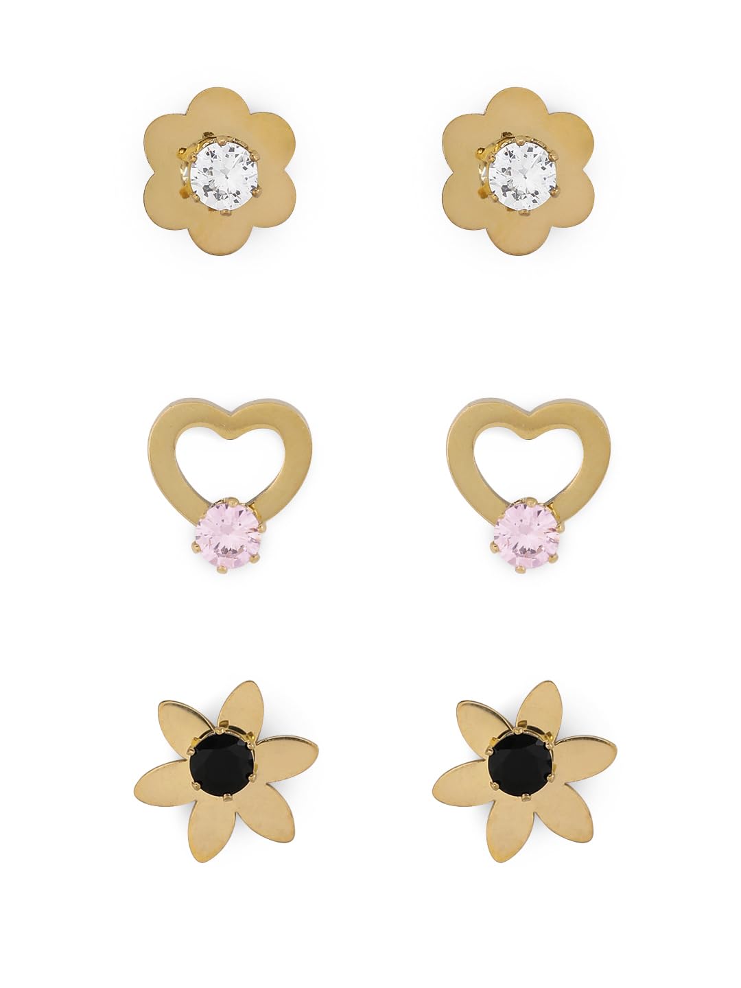 El Regalo 3 Pairs Cute Stainless Steel CZ Stud Earrings Combo for Kids/Girls/Teens/Women - Stars, Heart, Flower, Butterfly, Disco Ball, Stones - Hypoallergenic Flatback Earrings (Option-6)