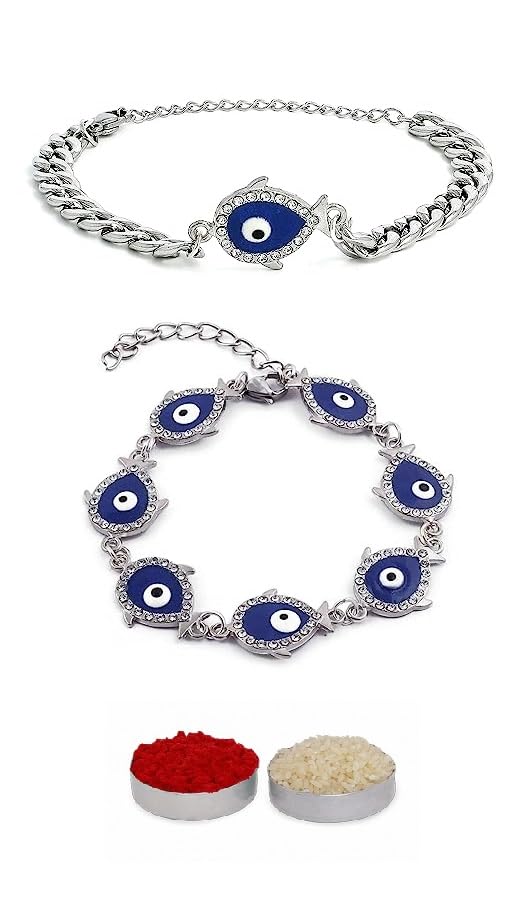 El Regalo Unisex-Adult 2 Pcs Designer Evil Eye Couple Rakhi Set For Bhaiya And Bhabhi- Cz Fancy Evil Eye Rakhi Set- Brother, Sister-In-Law Rakhi Combo With Roli Chawal (Combo-1)