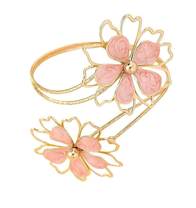 El Regalo Floral Enamel Armlet/Bajuband for Women & Girls - Adjustable Gold-Plated Upper Arm Cuff Bracelet | Bohemian Armlet for Weddings, Festivals & Dance Performances (Big Pink Flower)