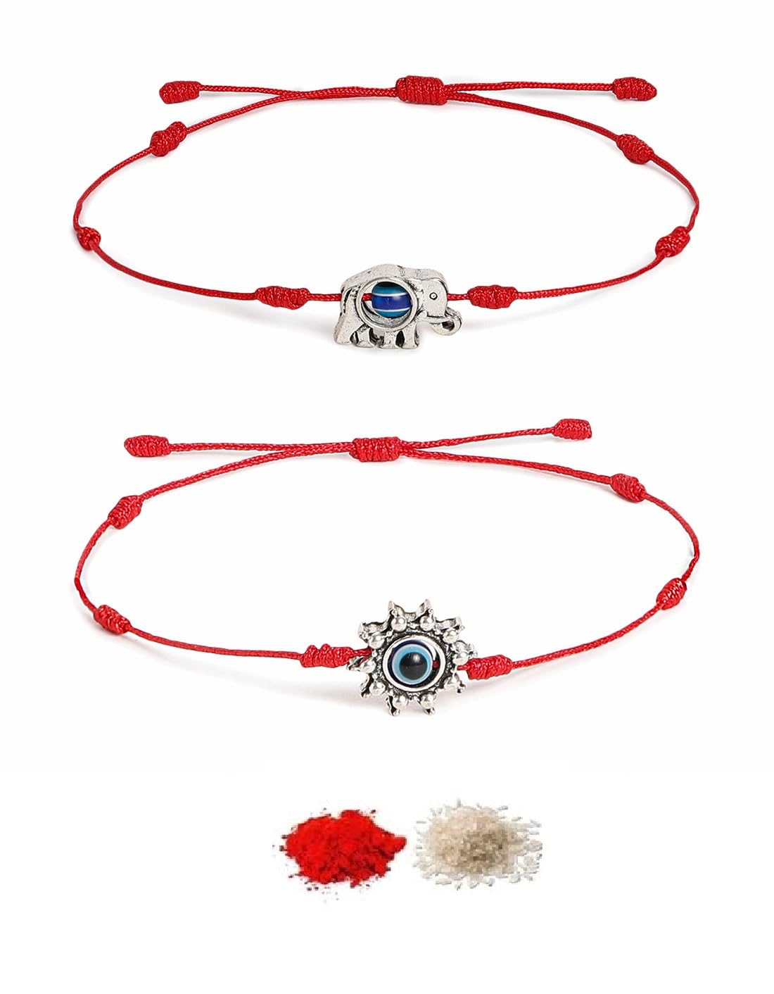 El Regalo 2PCs Evil Eye Rakhi Combo Set for Bhai-Bhabhi or Bhai-Bhatija/Bhatiji- 2 Evil Eye Rakhis with Roli Chanwal, Rakhi Card in Rakhi Gift Box (Option-2)