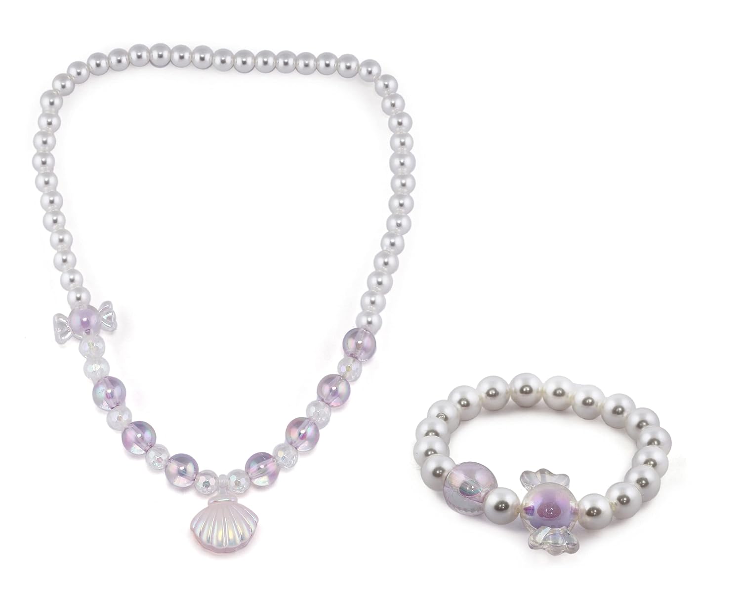 El Regalo 1 Pair Girls Kids Shiny Pearl Shell Princess Necklace & Bracelet Sets- Acrylic Shell Beads Oyster Pearl Princess Necklace Bracelet Jewelry Set for Girls Kids (Purple)