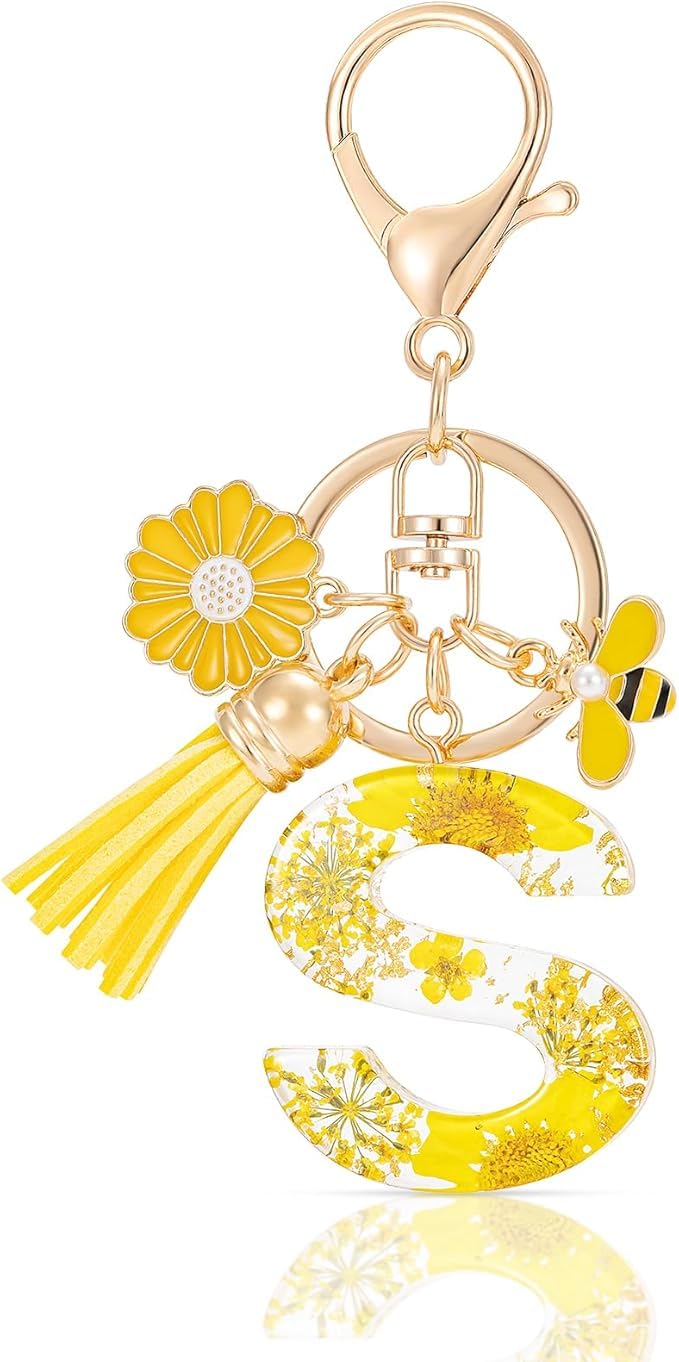 El Regalo Personalized Name Initials Natural Flowers & Bee Charm Keychain - Custom Letter Keyring with Daisy Flower & Honey Bee Pendant, Purse, Bag, Backpack Accessory (Letter S)