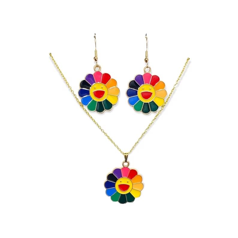 El Regalo Cute Enamel Rainbow Sunflower Smiling Face Necklace and Earrings Set for Girls & Women