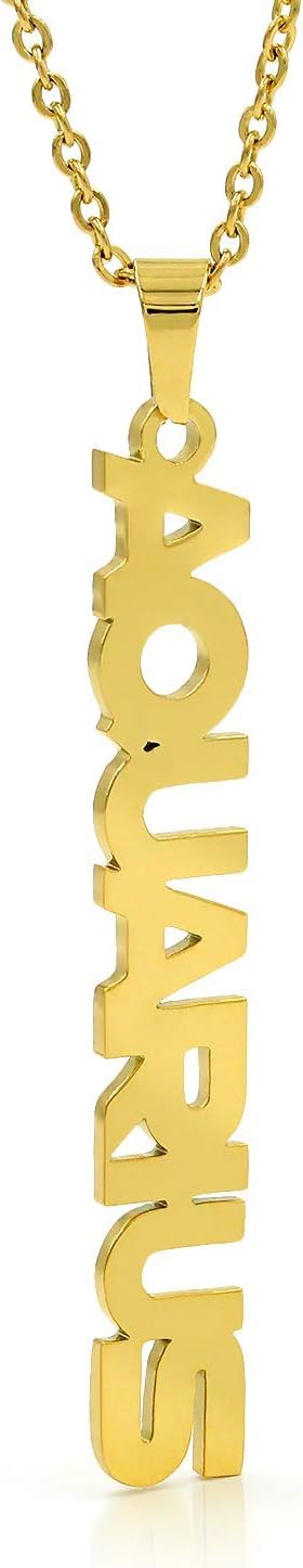 El Regalo 1PC Stainless Steel Zodiac Sign Unisex Pendant Necklace- Anti Tarnish 12 Vertical Zodiac Name Necklaces Horoscope Birth Star Sign (Aquarius)